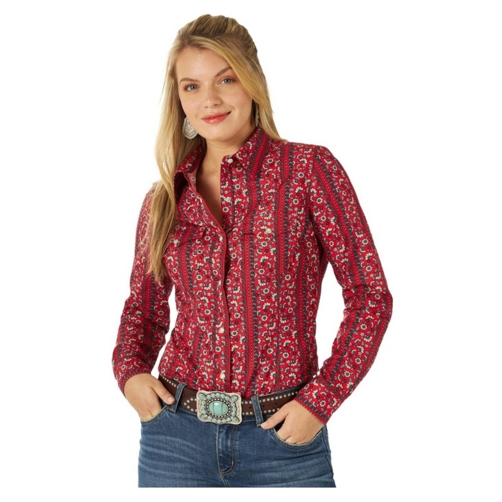 Wrangler Women’s XXL Red Floral Top Snap Button Up Western Retro